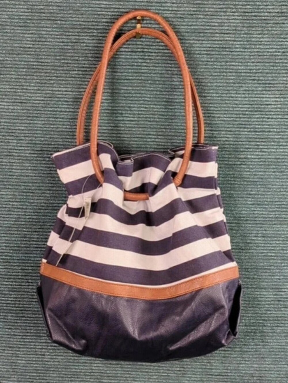 Minicci Navy And White Striped Tote Purse Brown Faux Leather Accents
